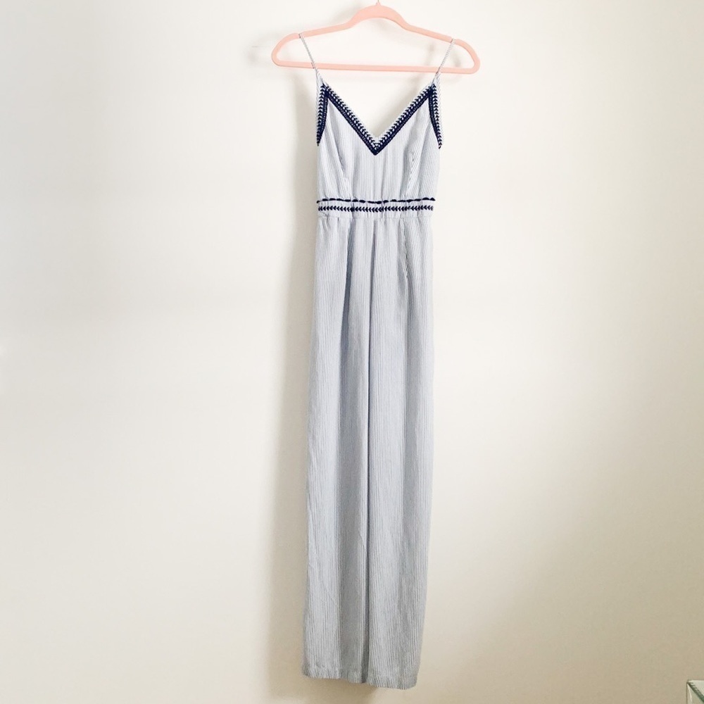 Japna Blue White Seersucker Pinstriped Embroidered Wide Leg Jumpsuit XS